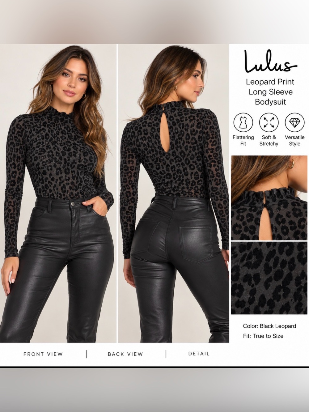Lulu's Black Leopard-Print Long Sleeve Bodysuit, XS